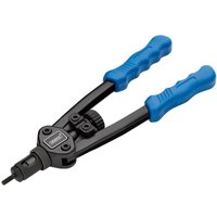 Black Draper short arm threaded nut riveter with blue ergonomic handles and adjustable tension knob.