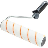 Draper short pile paint roller with white polyester cover, orange stripes, and soft grip black handle.