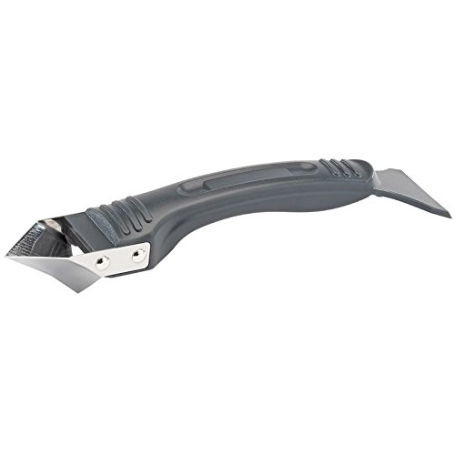 Draper 24237 silicone sealant removal tool with a gray plastic handle and stainless steel blade, featuring a sharp edge for precision cutting and a flat end for scraping.