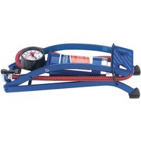 Blue Draper foot pump with single cylinder, pressure gauge, and red hose.