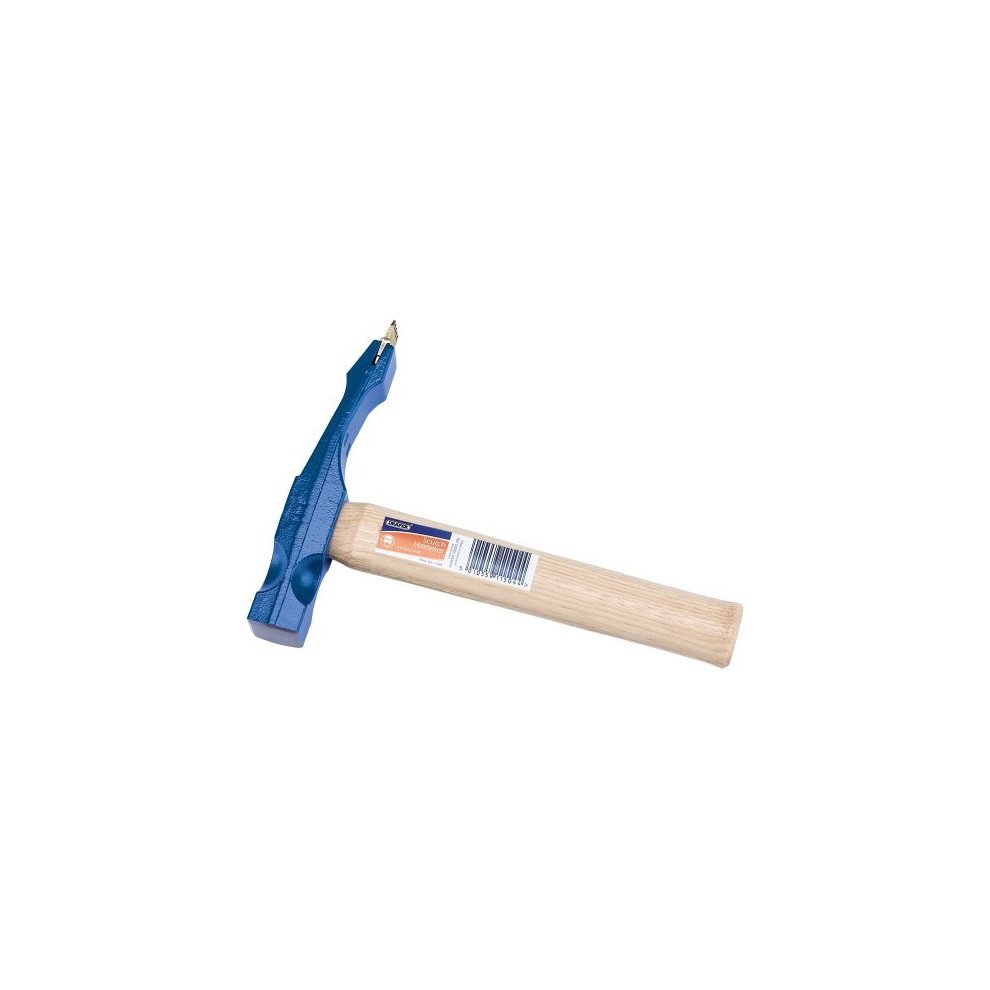 Single-ended scutch hammer with a blue metal head and a wooden handle, featuring a textured grip and a pointed end for precise work.