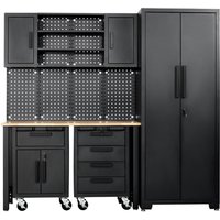 Black Draper garage workstation with pegboard, roller cabinets, wood countertop, and tall storage cabinet.