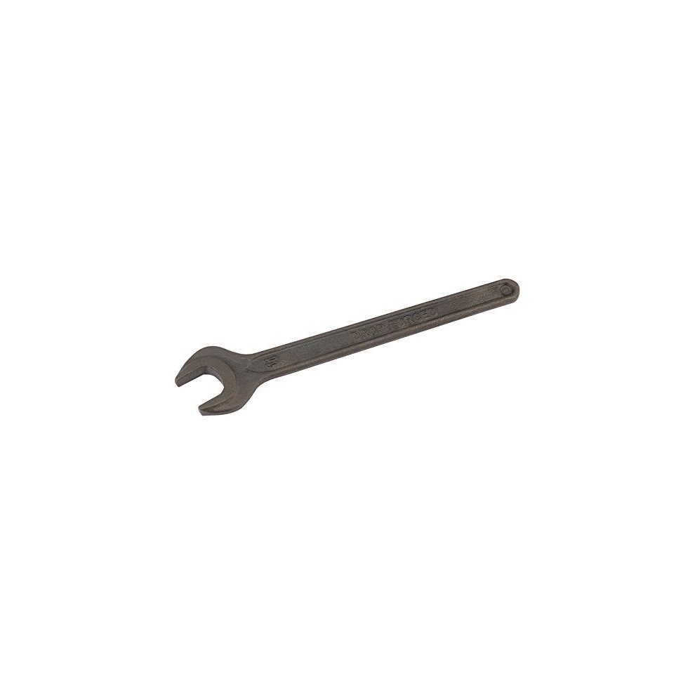 Draper 37522 11mm single open-end spanner in dark steel, featuring a long handle with a polished finish and engraved brand details for grip and identification.