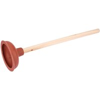 Red rubber sink plunger with a 135mm cup and a long wooden handle.