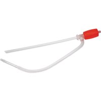 Clear Draper siphon pump with red bulb, two flexible transparent tubes for fluid transfer.