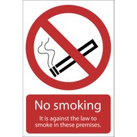 Draper "Smoking Against The Law" sign with red circle and slash over cigarette, text "No smoking" below.