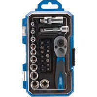Draper 27-piece socket set with blue case, includes ratchet, various sockets, and screwdriver bits.