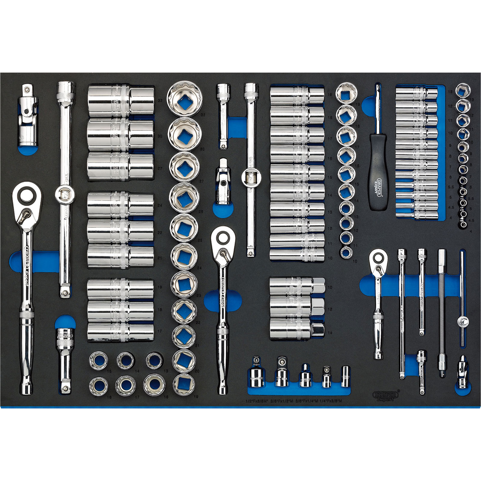 Draper Expert socket set featuring a black EVA insert with chrome-plated 1/4", 3/8", and 1/2" sockets, ratchets, and accessories arranged neatly for easy access.