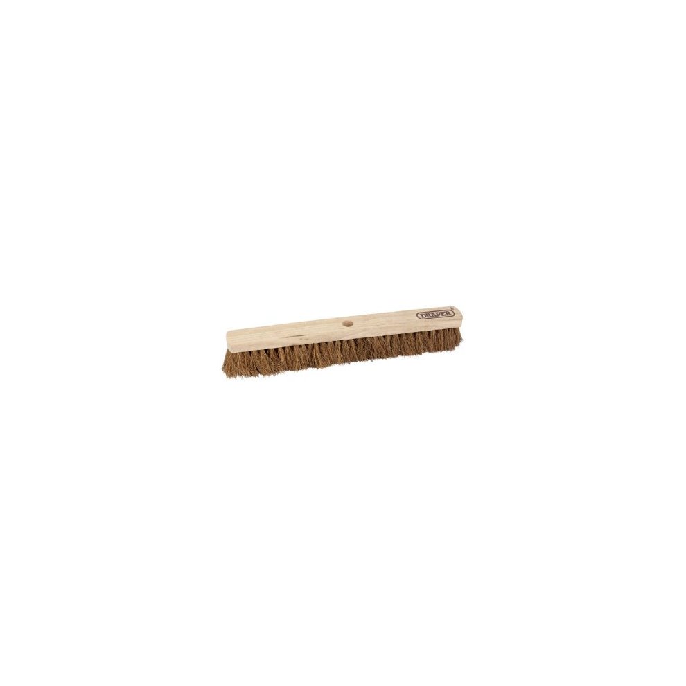 600mm soft coco broom head with a natural brown bristle surface and a wooden handle, featuring the Draper logo on the side.