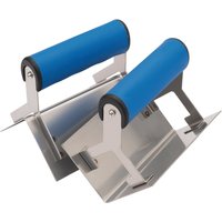 Draper corner trowel set with blue soft grip handles and stainless steel blades, includes two trowels for drywall finishing.