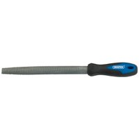 Draper 200mm half round cabinet rasp with black and blue soft grip handle, textured metal file surface.