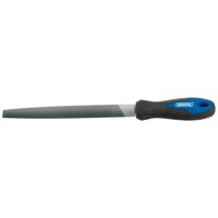 Draper half round file, 200mm, with soft grip black and blue handle, smooth metal filing surface.