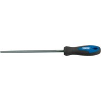 Draper 200mm round file with black and blue soft grip handle, designed for engineering tasks.