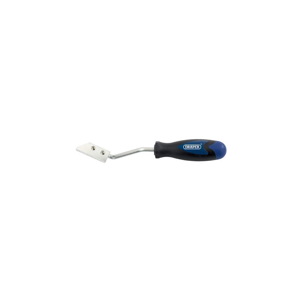 Draper 49419 Soft Grip Grout Rake features a metal blade with a triangular shape, attached to a curved metal handle with a black and blue soft grip for comfort.