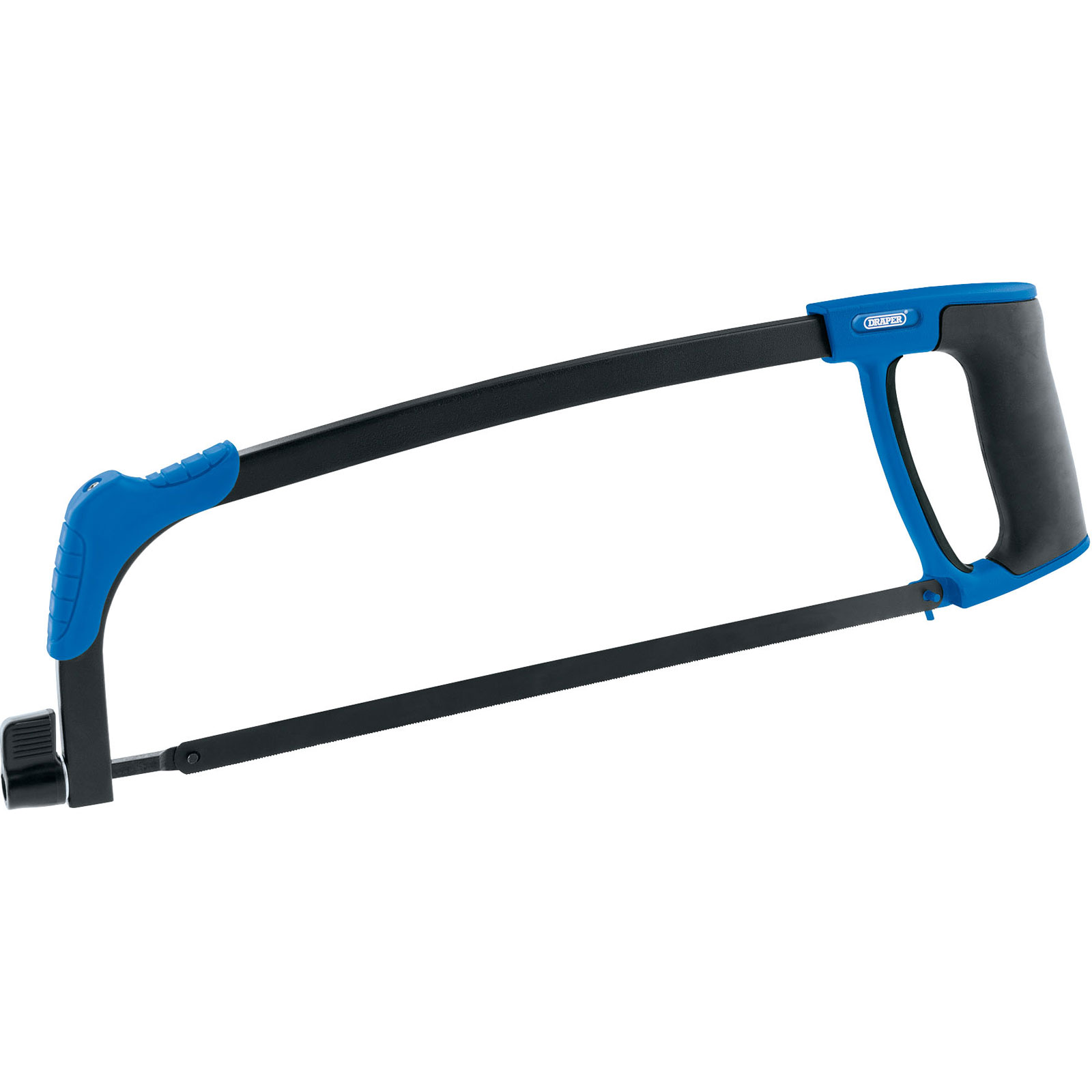 Draper 39601 hacksaw features a 300mm black metal frame, a blue and black rubber grip handle, and a tension adjustment knob for secure blade fitting.