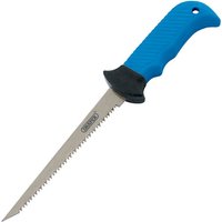 Blue-handled Draper plasterboard saw with a 150mm serrated blade and black protective finger guard.