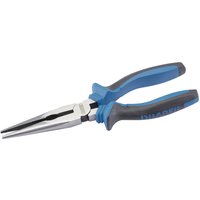 Blue and black Draper long nose pliers, 200mm, with soft grip handles and precision tips.
