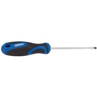 Draper screwdriver with blue and black soft grip handle, 3.2 x 75mm plain slot metal shaft.