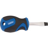 Draper screwdriver with soft grip handle, blue and black design, plain slot tip, 6.0 x 38mm size.