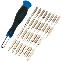 Black and blue soft grip precision screwdriver with 30 interchangeable metal bits arranged in rows.