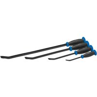 Black Draper Soft Grip Pry Bar Set with blue handles, includes four varying sizes, angled tips for leverage.