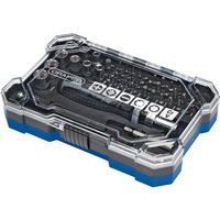 Draper ratchet screwdriver set with soft grip handle and 55 assorted bits in a clear-lid, compact blue and black case.