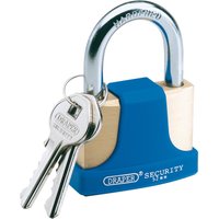 Solid brass padlock with blue bumper, hardened steel shackle, and two silver keys attached, 52mm by Draper.