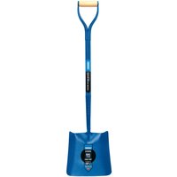 Blue Draper solid forged square mouth shovel with wooden handle grip and sturdy metal shaft.