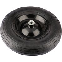 Black rubber wheelbarrow spare wheel with metal hub and central bolt fitting.