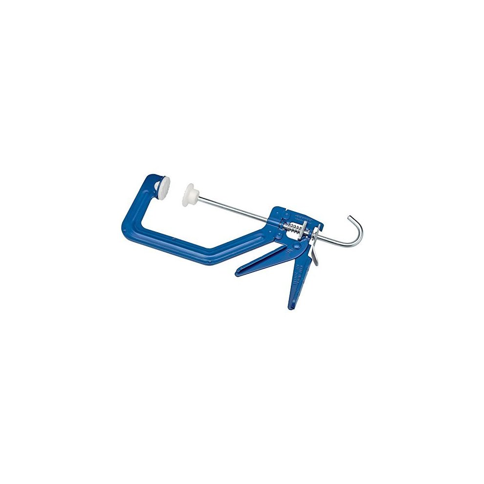 Blue metal speed clamp with a 150mm throat depth and 75mm capacity, featuring a trigger mechanism and a rubberized grip for easy handling.