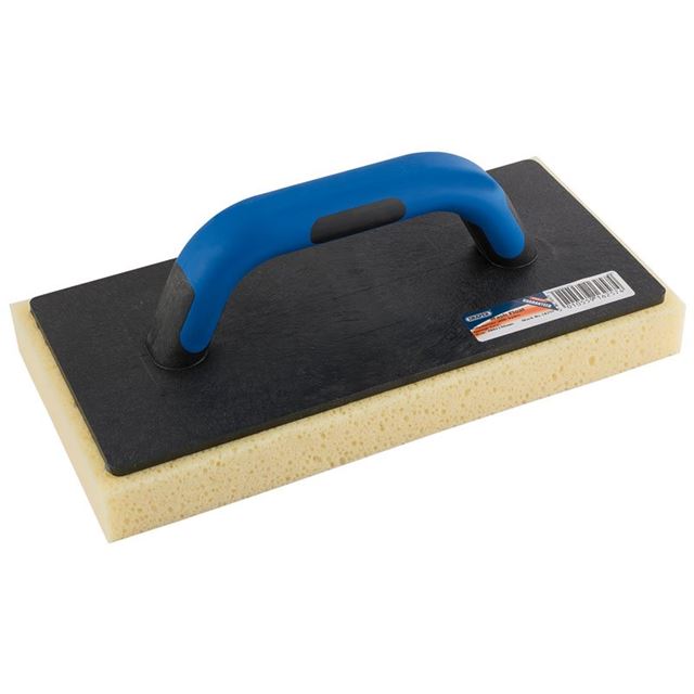 Draper 16257 sponge face float features a yellow sponge base with a black rubber bottom and a blue ergonomic handle for easy grip, measuring 280mm x 140mm.