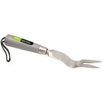 Stainless steel hand weeder with a curved blade, gray handle, and black wrist strap.
