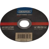 Black Draper metal cutting disc, 115 x 1 x 22.23mm, with central hole, red stripe, and printed specifications.