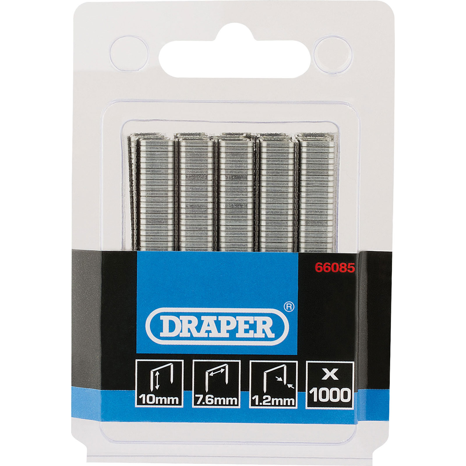 Silver metal staples in a clear plastic packaging, labeled "Draper," with dimensions of 10mm, 7.6mm, and 1.2mm, containing a total of 1000 staples.
