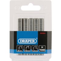 Pack of 1000 Draper 8mm staples, silver, neatly stacked in a clear plastic case with blue branding.