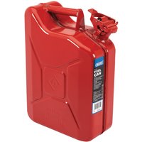 Red Draper steel fuel can, 10L capacity, with a secure locking cap and sturdy handle.