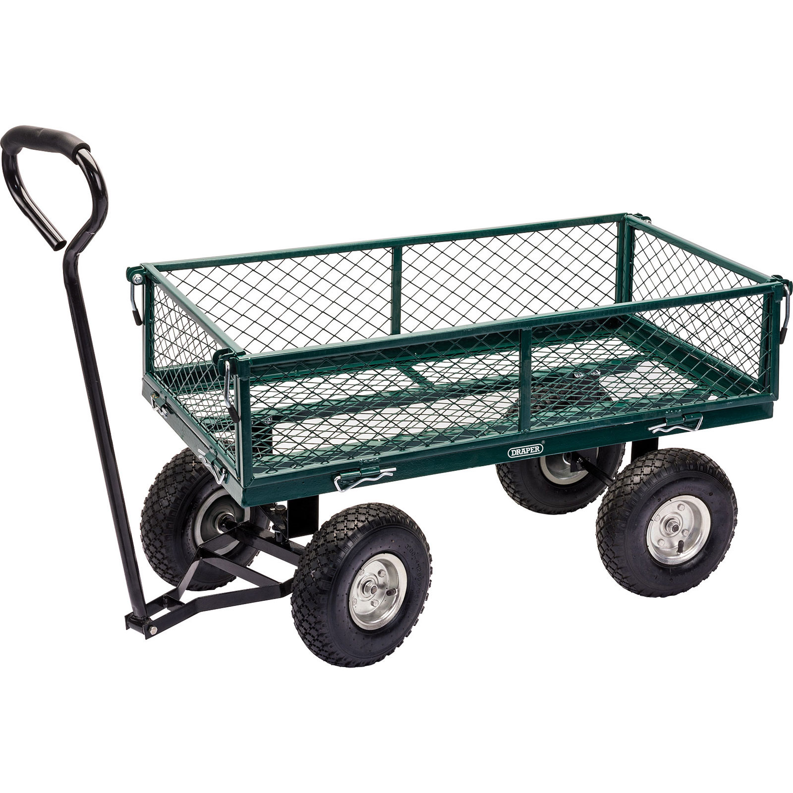 Green steel mesh garden cart with a black handle, four large rubber wheels, and a sturdy frame, designed for transporting gardening supplies.