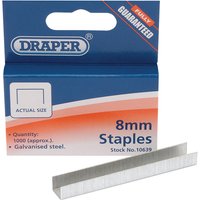 Draper Steel Staples, 8 x 10mm, pack of 1000, in blue and orange box with one staple displayed in front.