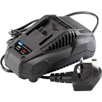 Black Draper Storm Force 20V charger with LED indicators and UK plug, designed for Power Interchange battery range.