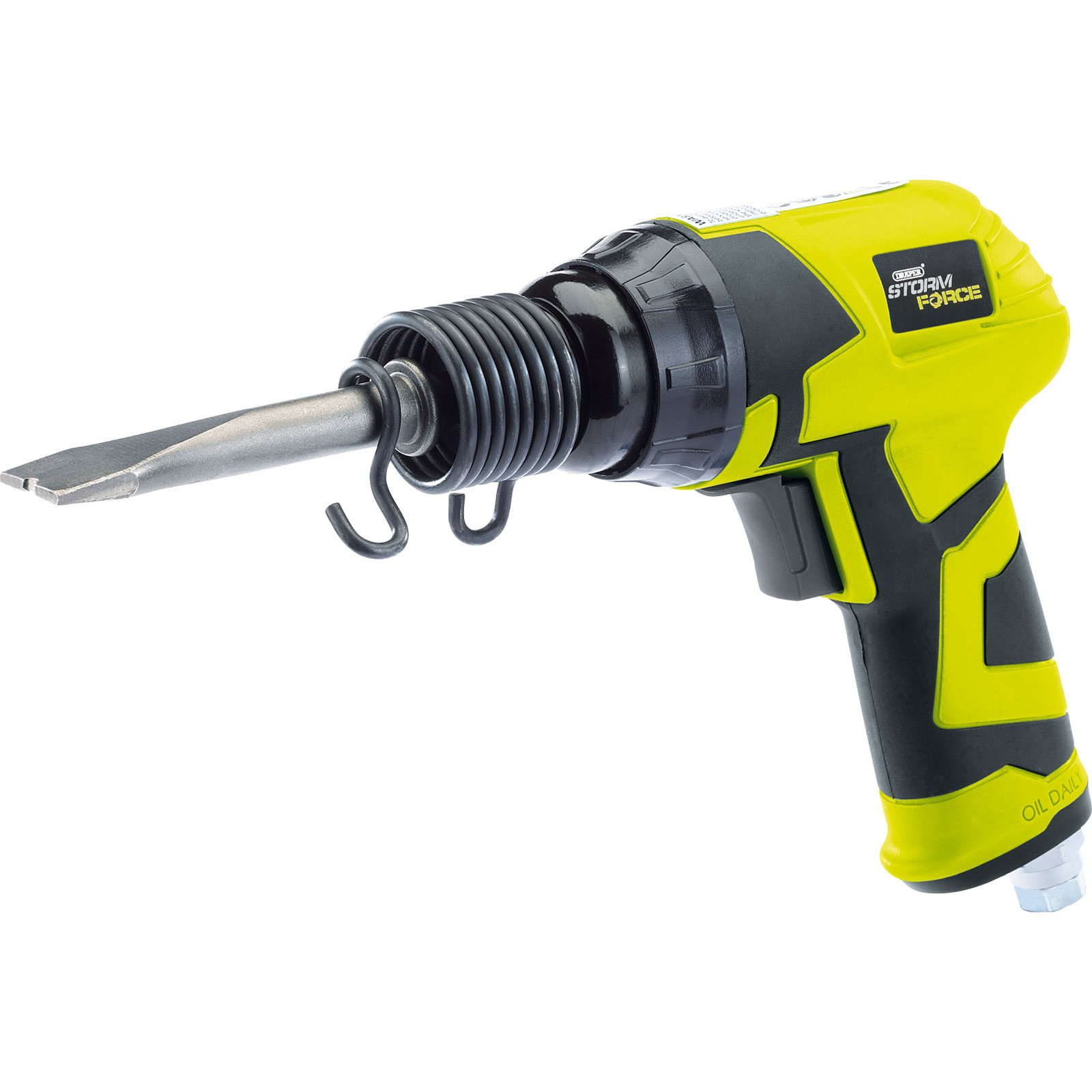 Draper 65142 Storm Force air hammer features a yellow and black composite body, a metal chisel tip, and a coiled air hose attachment for enhanced durability and performance.