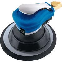 Blue and black Draper Storm Force air palm sander with silver lever and 150mm sanding pad.