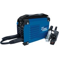 Blue Draper Storm Force MMA Inverter Welder, 140A, with black handle, dual cables, and ribbed side panels.