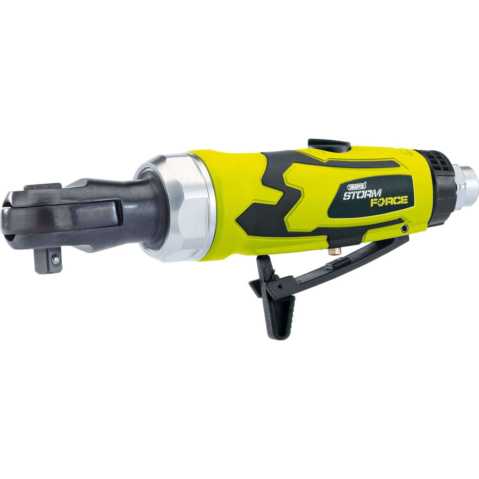 Draper 65018 Storm Force Stubby Air Ratchet features a bright yellow and black ergonomic design, 1/4" square drive, and a trigger for easy operation.