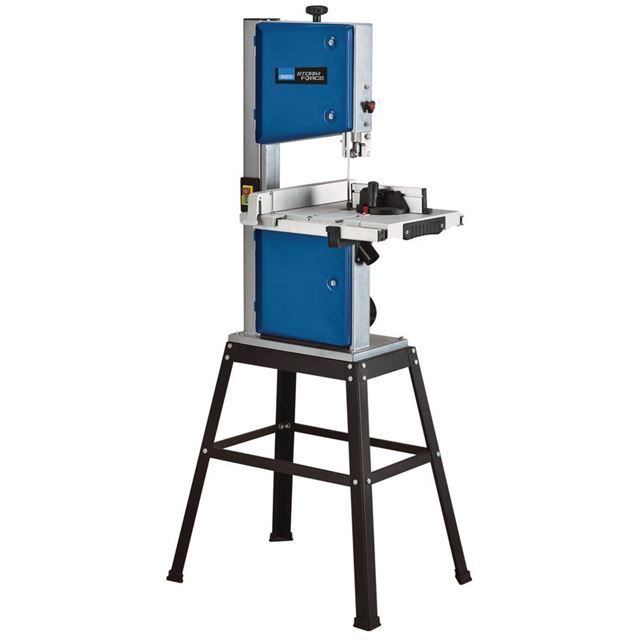 Draper 98468 Storm Force® Bandsaw features a blue and silver metal body, a 245mm cutting capacity, 420W motor, and a sturdy black stand for stability.