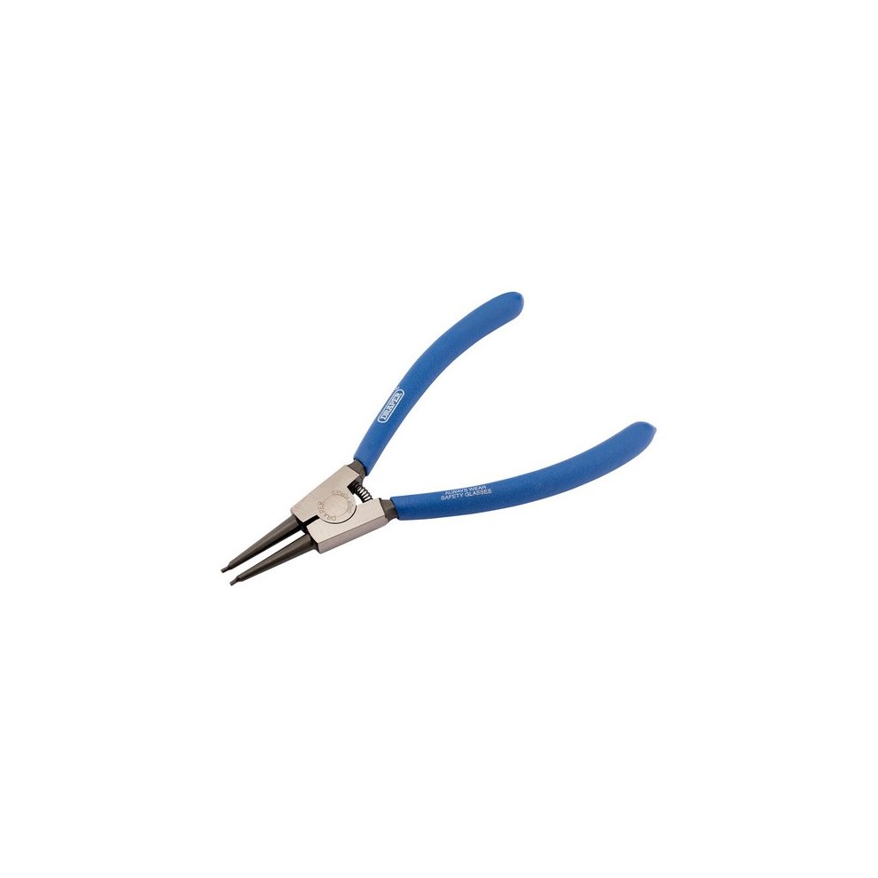 Draper 56423 external straight circlip pliers with blue rubber grips and stainless steel jaws, designed for easy handling and precision in circlip installation.