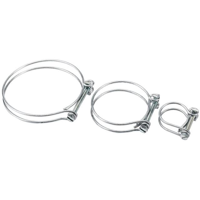 Two metallic suction hose clamps in varying sizes, featuring a shiny silver finish, designed for securing hoses with a diameter of 75mm/3 inches.