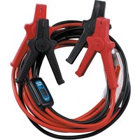 Red and black Draper surge protection booster cables, 5m length, 29mm², with insulated clamps and surge protection module.