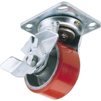 Red polyurethane wheel with silver swivel plate and brake, 125mm diameter, heavy-duty design by Draper.