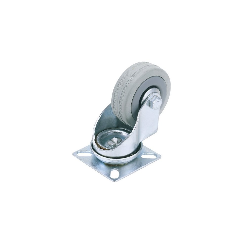 Swivel plate fixing rubber castor with a 50mm diameter wheel, grey rubber material, and a shiny metal base featuring four mounting holes. Maximum load capacity of 50kg.