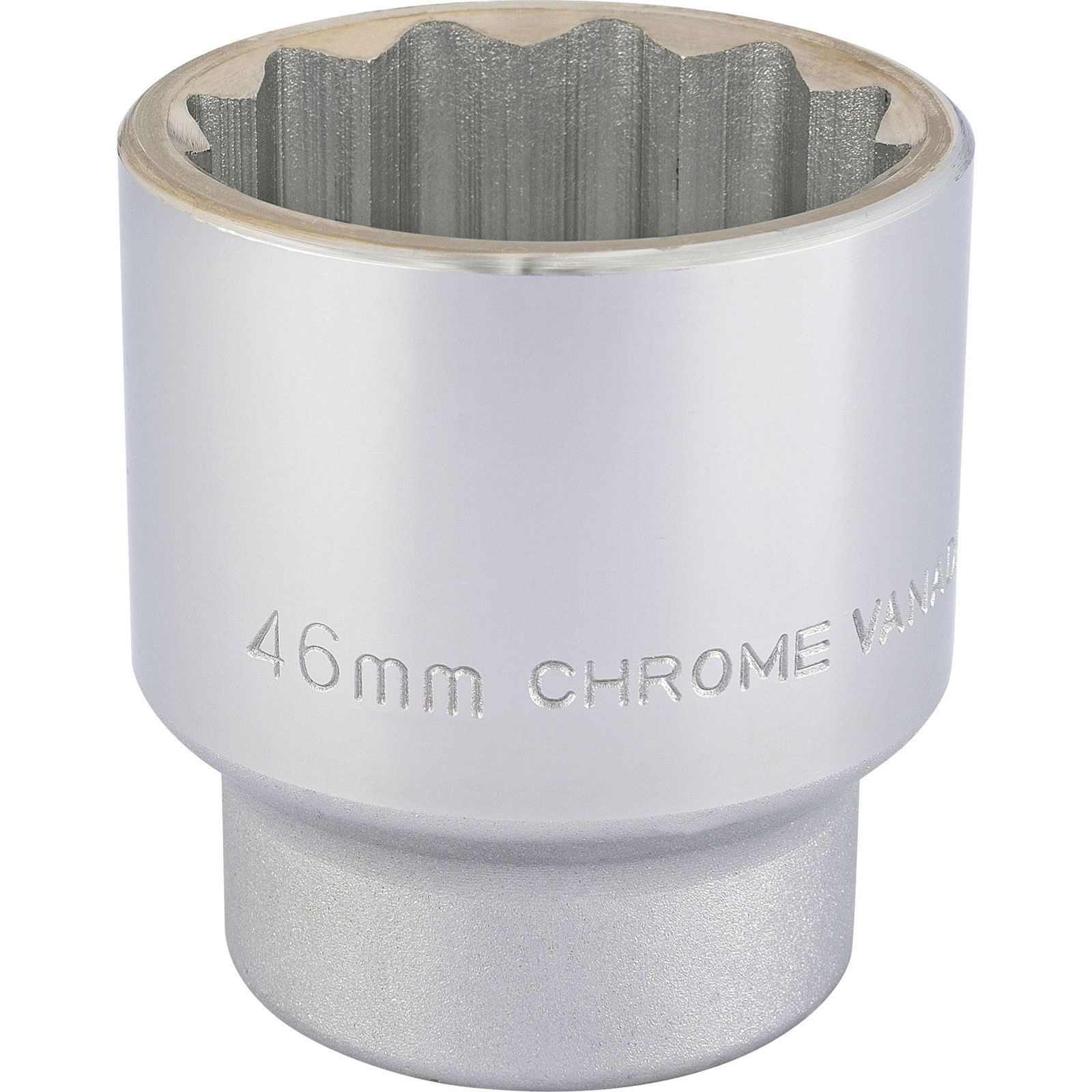 Shiny chrome vanadium socket with a 12-point design, measuring 46mm, featuring engraved markings for size and material on the side.
